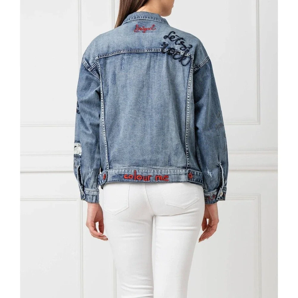 Desigual Women's Chaq Yes Embroidered Jean Jacket Blue Size M 100% cotton - Picture 2 of 16